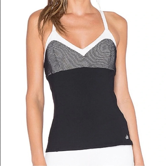 ALO Yoga Blossom Long Bra Tank Top in Pink Cloud & Black - Picture 1 of 5